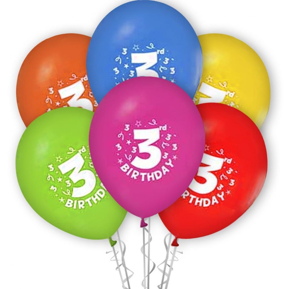 Birthday 3 Yaş Baskılı 12" Balon Karışık Renk ( 100 Adet )